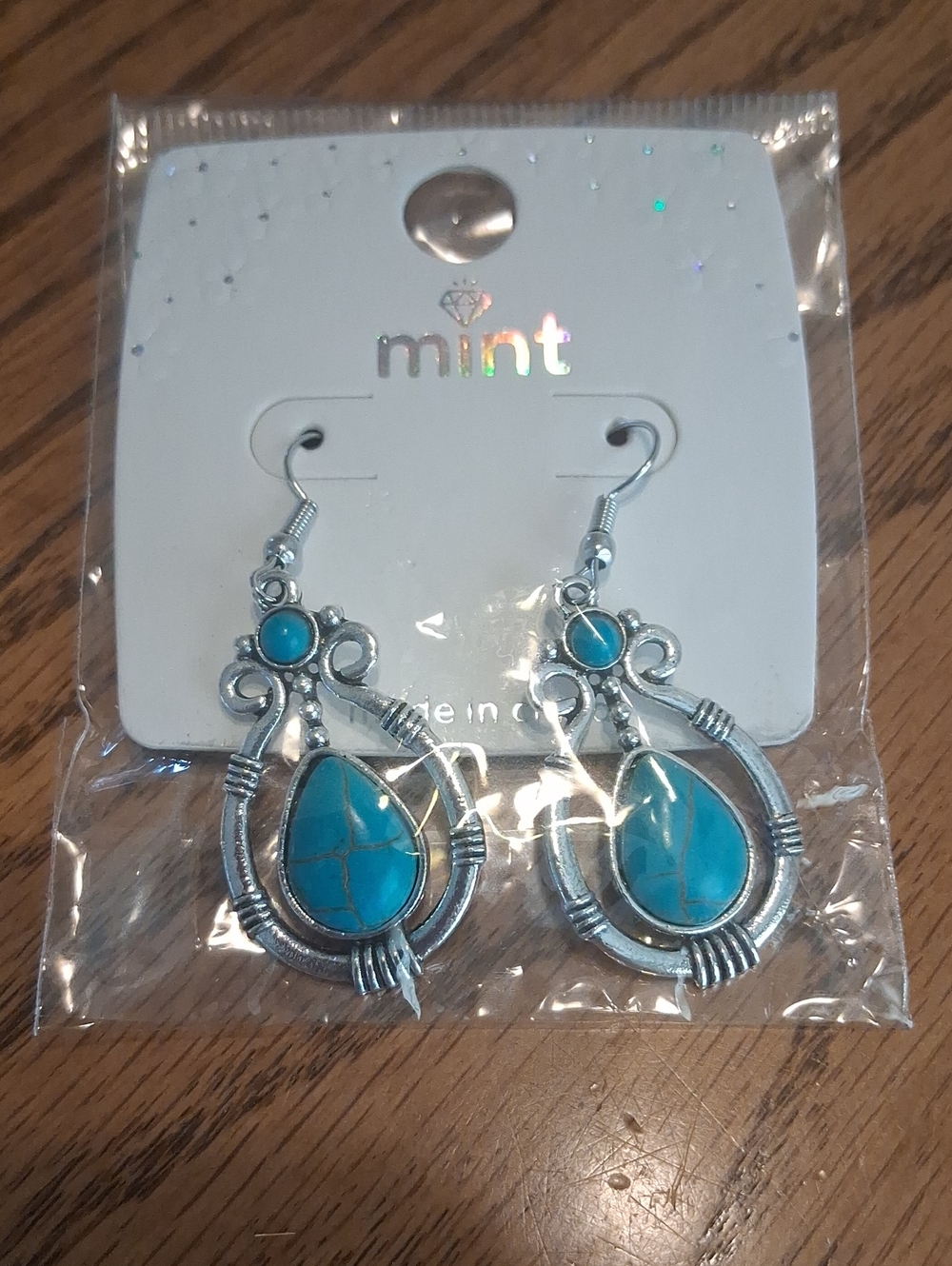 mint Turquoise Teardrop Dangle Earrings - Silver Tone